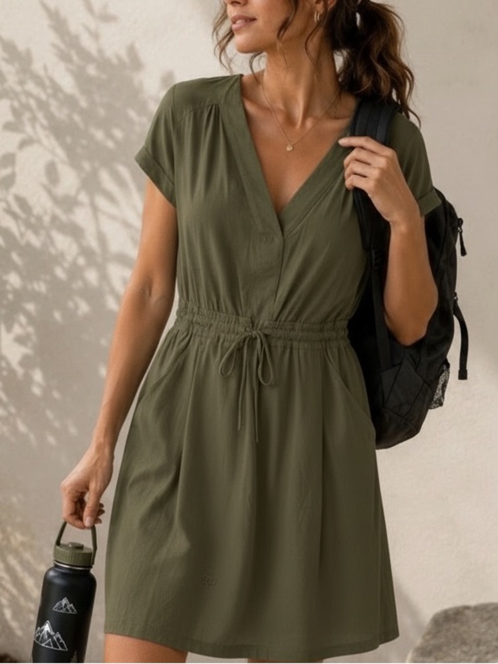 REI Olive Savanna Trails Drawstring Waist Pocket Short Sleeve Dress
